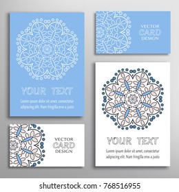 Mandala sign symbol, colorful round ornament. Business cards set. Decorative doodle art, stylized floral pattern. Isolated design elements for logo, icon, label, emblem. Tribal ethnic decoration