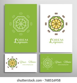 Mandala sign symbol, colorful round ornament. Business cards set. Decorative doodle art, stylized floral pattern. Isolated design elements for logo, icon, label, emblem. Tribal ethnic decoration