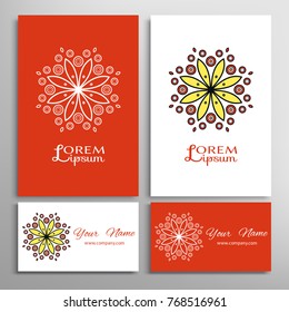 Mandala sign symbol, colorful round ornament. Business cards set. Decorative doodle art, stylized floral pattern. Isolated design elements for logo, icon, label, emblem. Tribal ethnic decoration