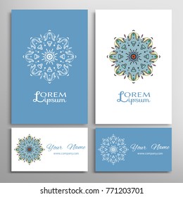 Mandala sign symbol, colorful round ornament. Business cards set. Decorative doodle art, stylized floral pattern. Isolated design elements for logo, icon, label, emblem. Tribal ethnic decoration