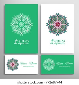 Mandala sign symbol, colorful round ornament. Business cards set. Decorative doodle art, stylized floral pattern. Isolated design elements for logo, icon, label, emblem. Tribal ethnic decoration