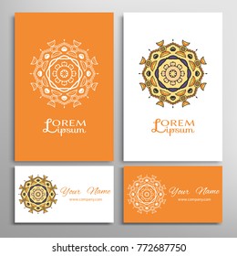 Mandala sign symbol, colorful round ornament. Business cards set. Decorative doodle art, stylized floral pattern. Isolated design elements for logo, icon, label, emblem. Tribal ethnic decoration
