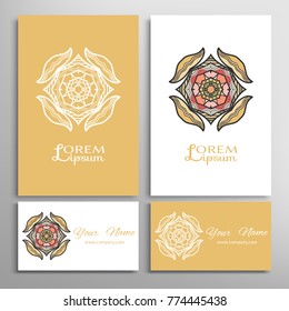 Mandala sign symbol, colorful round ornament. Business cards set. Decorative doodle art, stylized floral pattern. Isolated design elements for logo, icon, label, emblem. Tribal ethnic decoration