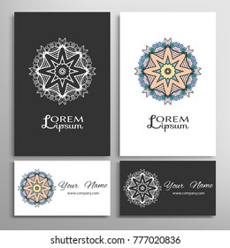 Mandala sign symbol, colorful round ornament. Business cards set. Decorative doodle art, stylized floral pattern. Isolated design elements for logo, icon, label, emblem. Tribal ethnic decoration