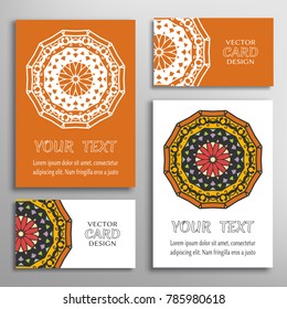 Mandala sign symbol, colorful round ornament. Business cards set. Decorative doodle art, stylized floral pattern. Isolated design elements for logo, icon, label, emblem. Tribal ethnic decoration