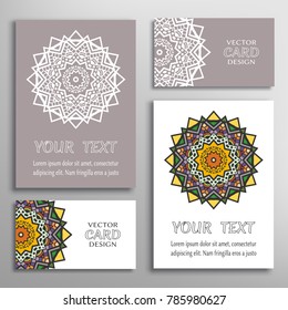 Mandala sign symbol, colorful round ornament. Business cards set. Decorative doodle art, stylized floral pattern. Isolated design elements for logo, icon, label, emblem. Tribal ethnic decoration