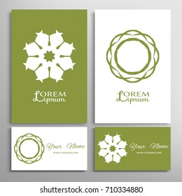 Mandala sign symbol, geometric round ornament. Business cards set. Decorative doodle art, stylized floral pattern. Isolated design elements for logo, icon, label, emblem. Tribal ethnic decor
