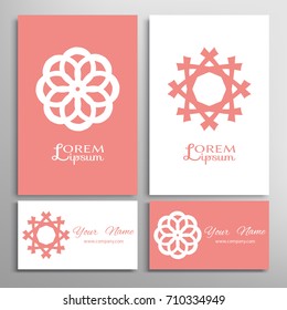 Mandala sign symbol, geometric round ornament. Business cards set. Decorative doodle art, stylized floral pattern. Isolated design elements for logo, icon, label, emblem. Tribal ethnic decor