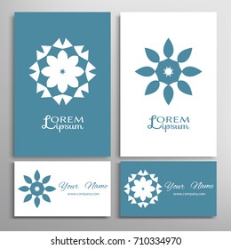 Mandala sign symbol, geometric round ornament. Business cards set. Decorative doodle art, stylized floral pattern. Isolated design elements for logo, icon, label, emblem. Tribal ethnic decor