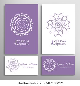 Mandala sign symbol, monochrome round ornament. Business cards set. Decorative doodle art, stylized floral pattern. Isolated design elements for logo, icon, label, emblem. Tribal ethnic motif