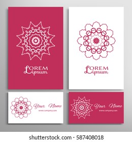 Mandala sign symbol, monochrome round ornament. Business cards set. Decorative doodle art, stylized floral pattern. Isolated design elements for logo, icon, label, emblem. Tribal ethnic motif