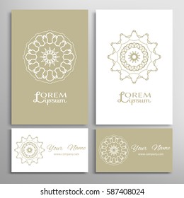 Mandala sign symbol, monochrome round ornament. Business cards set. Decorative doodle art, stylized floral pattern. Isolated design elements for logo, icon, label, emblem. Tribal ethnic motif