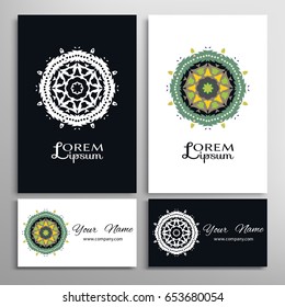 Mandala sign symbol, round ornament. Business cards set. Decorative doodle art, stylized floral line pattern. Isolated design elements for logo, icon, label, emblem. Tribal ethnic decoration