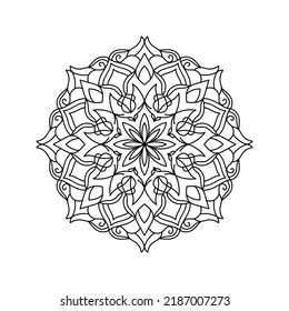 Mandala silhouette print for adult coloring book. Geometric flower shape for yoga and meditation. Decorative round floral ornament. Oriental vector illustration, anti stress therapy, coloring pages.