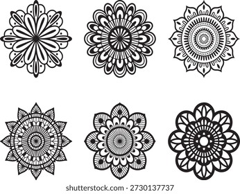 Mandala Silhouette Vector Flor Set Negro Circular Decorativo Ornamento Elementos