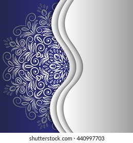 Mandala silver, background. Invitation card. Vintage pattern with round ornament, decorative indian medallion, abstract flower element. Vector design