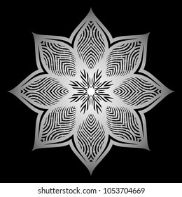Mandala. Silver round ornament pattern on black background. 