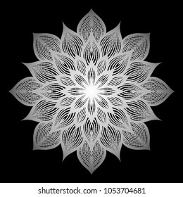 Mandala. Silver round ornament pattern on black background. 