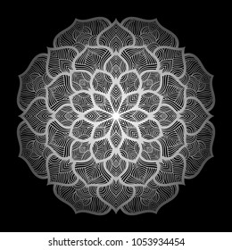 Mandala. Silver round ornament pattern on black background. 