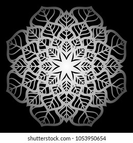 Mandala. Silver round ornament pattern on black background. 
