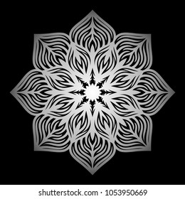 Mandala. Silver round ornament pattern on black background. 