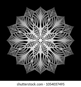 Mandala. Silver round ornament pattern on black background.