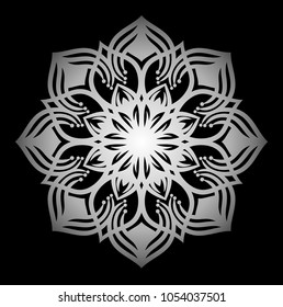 Mandala. Silver round ornament pattern on black background.