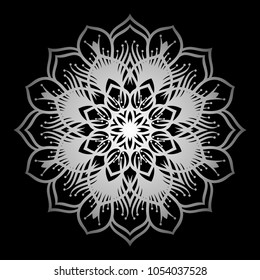 Mandala. Silver round ornament pattern on black background.