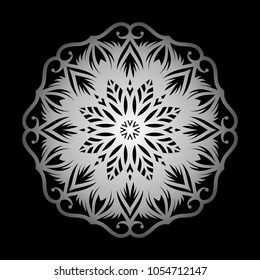 Mandala. Silver round ornament pattern on black background.