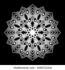 Mandala. Silver round ornament pattern on black background.