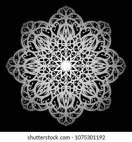 Mandala. Silver round ornament pattern on black background.
