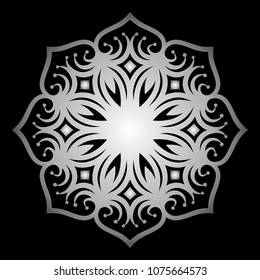 Mandala. Silver round ornament pattern on black background.