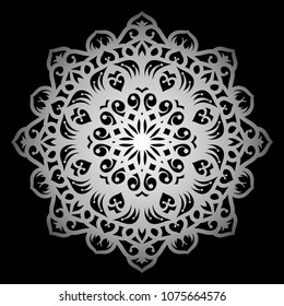 Mandala. Silver round ornament pattern on black background.