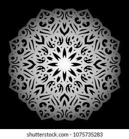 Mandala. Silver round ornament pattern on black background.
