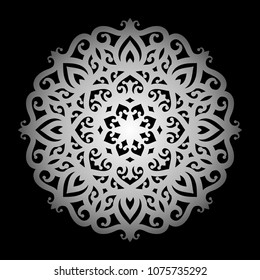 Mandala. Silver round ornament pattern on black background.