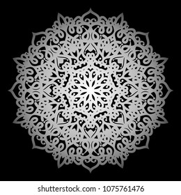 Mandala. Silver round ornament pattern on black background.