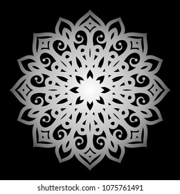 Mandala. Silver round ornament pattern on black background.