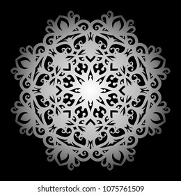 Mandala. Silver round ornament pattern on black background.