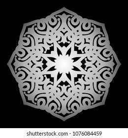 Mandala. Silver round ornament pattern on black background.