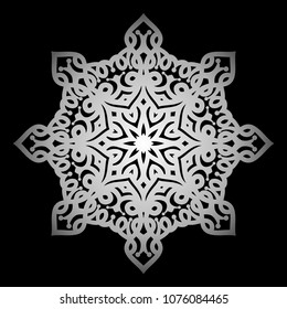 Mandala. Silver round ornament pattern on black background.