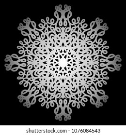 Mandala. Silver round ornament pattern on black background.