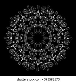 Mandala. Silver round ornament pattern on black background.