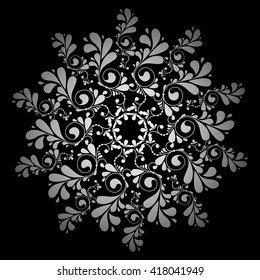 Mandala. Diseño de adorno redondo plateado sobre fondo negro.