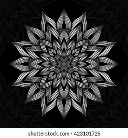Mandala. Silver round ornament pattern on black background.