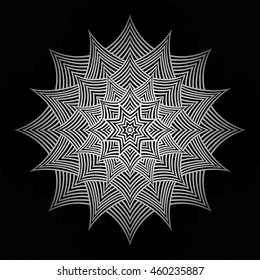 Mandala. Silver round ornament pattern on black background.