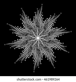 Mandala. Silver round ornament pattern on black background.
