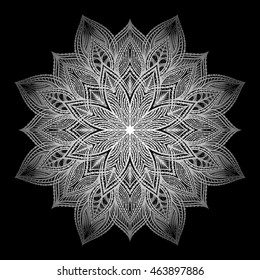 Mandala. Silver round ornament pattern on black background.