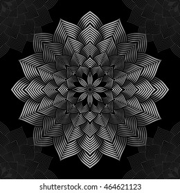 Mandala. Silver round ornament pattern on black background.