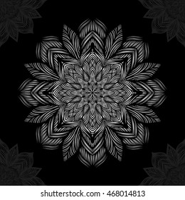 Mandala. Patrón de adorno redondo de plata sobre fondo negro.