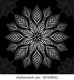 Mandala. Silver round ornament pattern on black background.